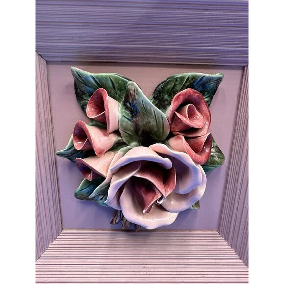 VTG Set/ 2 Porcelain Pink Rose Bouquet 3D Art Shadow Box Wood Framed - Rare Find - Picture 8 of 15